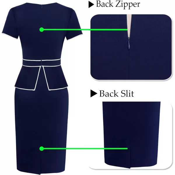 VFSHOW Womens Pleated Crew Neck Peplum Work Office Business Bodycon Sheath DressNavy Blue With White Piping