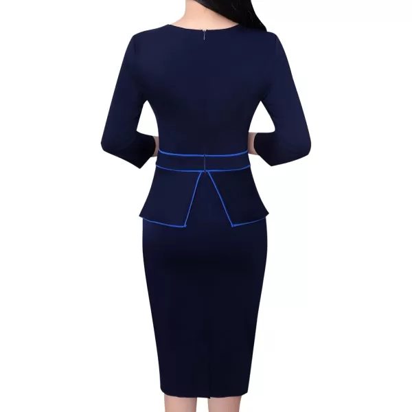 VFSHOW Womens Pleated Crew Neck Peplum Work Office Business Bodycon Sheath DressNavy With Blue Piping