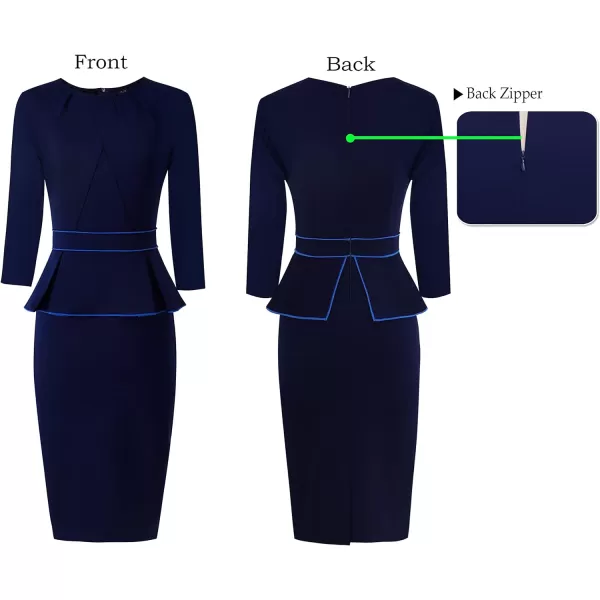 VFSHOW Womens Pleated Crew Neck Peplum Work Office Business Bodycon Sheath DressNavy With Blue Piping