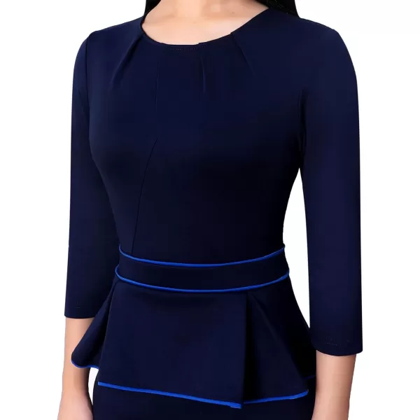 VFSHOW Womens Pleated Crew Neck Peplum Work Office Business Bodycon Sheath DressNavy With Blue Piping