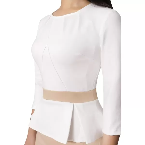VFSHOW Womens Pleated Crew Neck Peplum Work Office Business Bodycon Sheath DressOff White  Apricot2