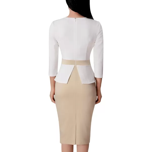 VFSHOW Womens Pleated Crew Neck Peplum Work Office Business Bodycon Sheath DressOff White  Apricot2
