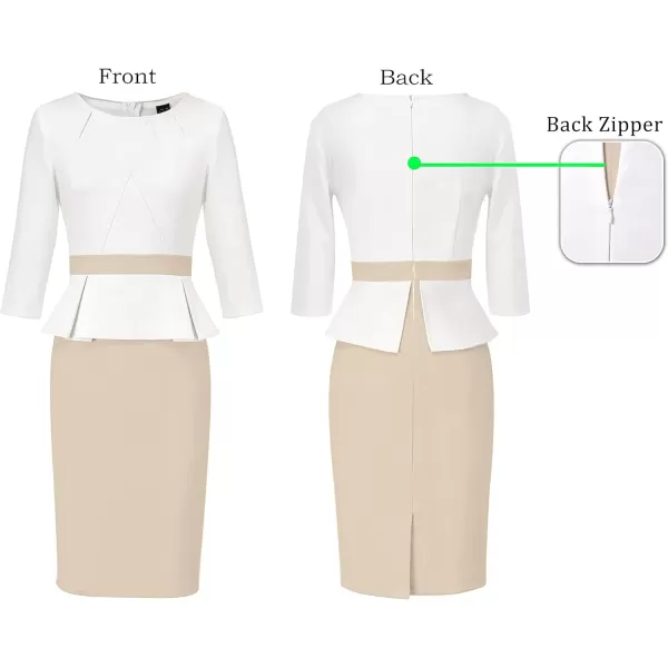 VFSHOW Womens Pleated Crew Neck Peplum Work Office Business Bodycon Sheath DressOff White  Apricot2