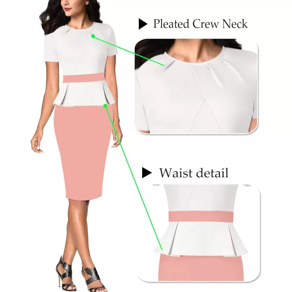 VFSHOW Womens Pleated Crew Neck Peplum Work Office Business Bodycon Sheath DressOffwhite and Peach