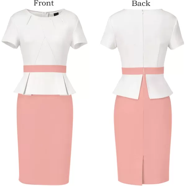 VFSHOW Womens Pleated Crew Neck Peplum Work Office Business Bodycon Sheath DressOffwhite and Peach