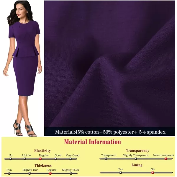 VFSHOW Womens Pleated Crew Neck Peplum Work Office Business Bodycon Sheath DressPurpleshort Sleeve