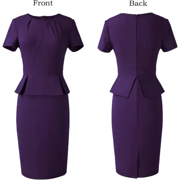 VFSHOW Womens Pleated Crew Neck Peplum Work Office Business Bodycon Sheath DressPurpleshort Sleeve