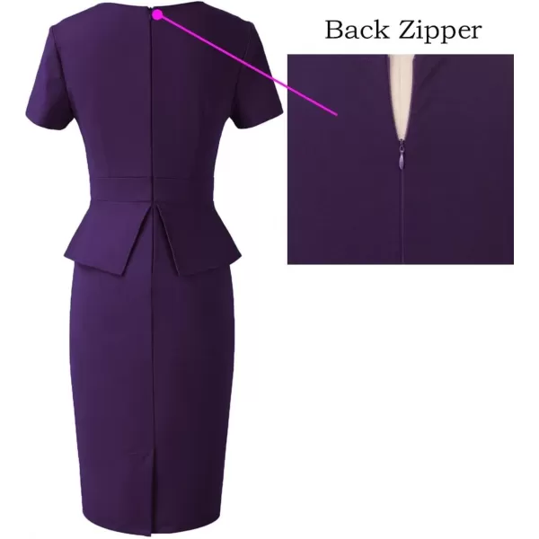 VFSHOW Womens Pleated Crew Neck Peplum Work Office Business Bodycon Sheath DressPurpleshort Sleeve