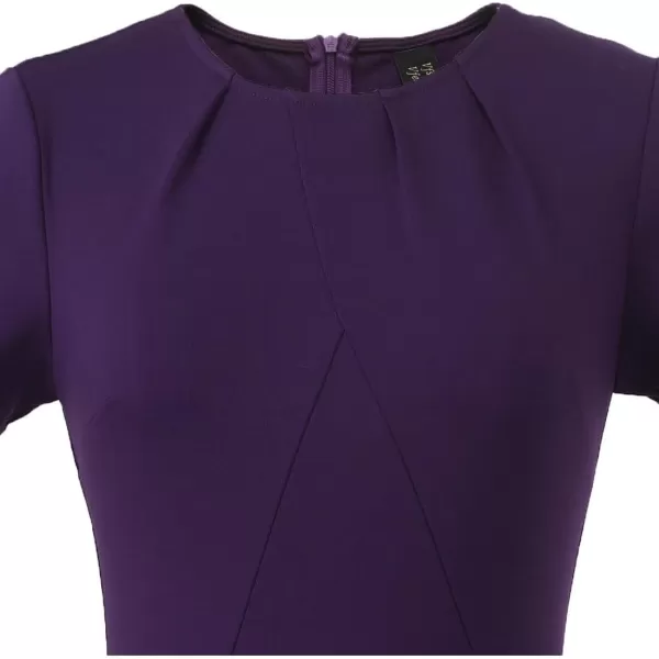 VFSHOW Womens Pleated Crew Neck Peplum Work Office Business Bodycon Sheath DressPurpleshort Sleeve