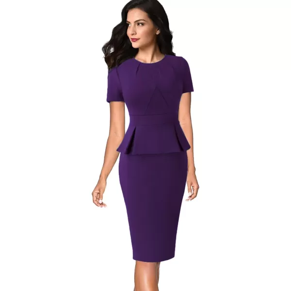 VFSHOW Womens Pleated Crew Neck Peplum Work Office Business Bodycon Sheath DressPurpleshort Sleeve