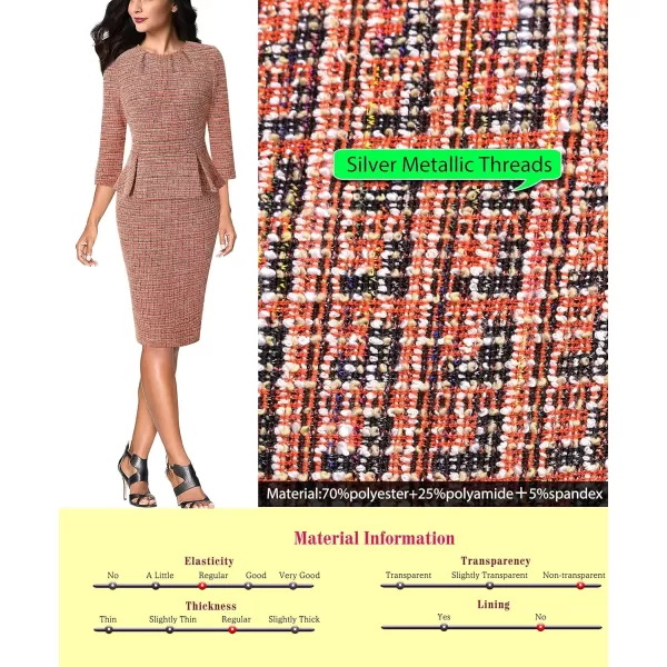 VFSHOW Womens Pleated Crew Neck Peplum Work Office Business Bodycon Sheath DressRed Tweed