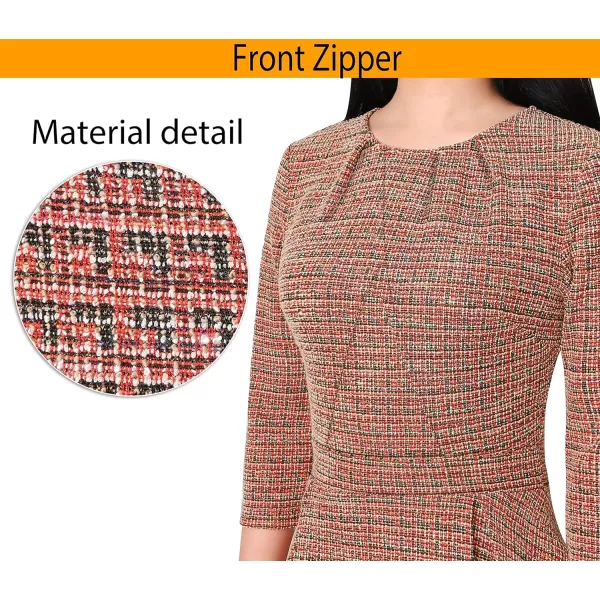 VFSHOW Womens Pleated Crew Neck Peplum Work Office Business Bodycon Sheath DressRed Tweed