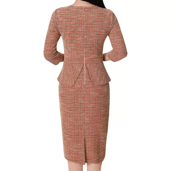 VFSHOW Womens Pleated Crew Neck Peplum Work Office Business Bodycon Sheath DressRed Tweed