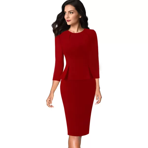 VFSHOW Womens Pleated Crew Neck Peplum Work Office Business Bodycon Sheath DressRed34 Sleeve