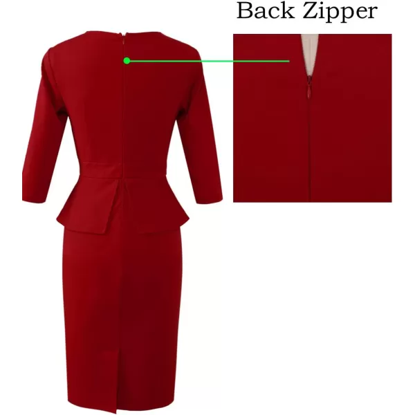 VFSHOW Womens Pleated Crew Neck Peplum Work Office Business Bodycon Sheath DressRed34 Sleeve