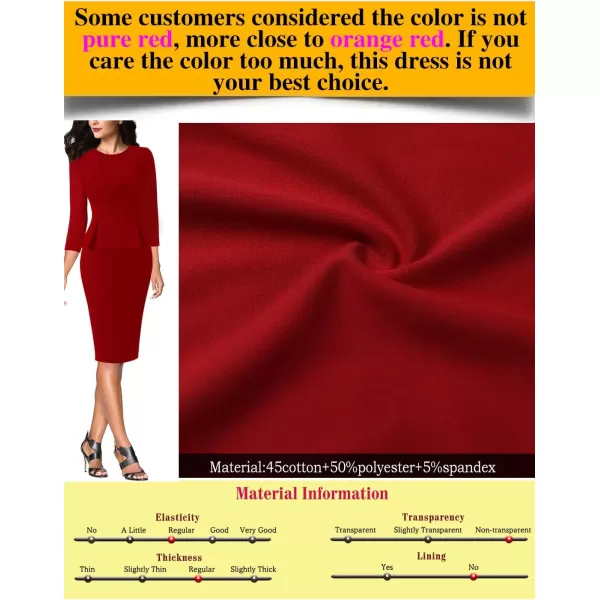 VFSHOW Womens Pleated Crew Neck Peplum Work Office Business Bodycon Sheath DressRed34 Sleeve