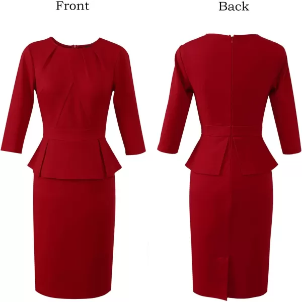 VFSHOW Womens Pleated Crew Neck Peplum Work Office Business Bodycon Sheath DressRed34 Sleeve