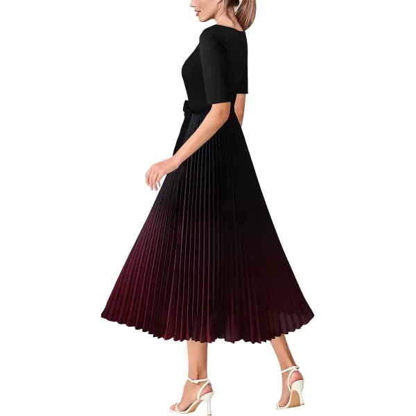 VFSHOW Womens Pleated Crew Neck Pockets Belted Work Business Office Casual ALine Midi MidCalf DressBlack  Dark Red Ombre