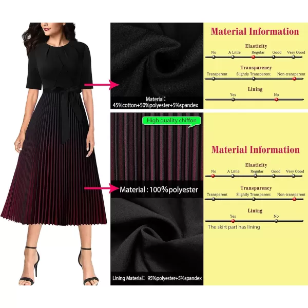 VFSHOW Womens Pleated Crew Neck Pockets Belted Work Business Office Casual ALine Midi MidCalf DressBlack  Dark Red Ombre