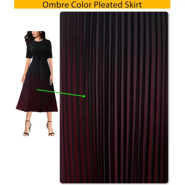 VFSHOW Womens Pleated Crew Neck Pockets Belted Work Business Office Casual ALine Midi MidCalf DressBlack  Dark Red Ombre