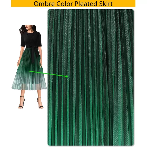 VFSHOW Womens Pleated Crew Neck Pockets Belted Work Business Office Casual ALine Midi MidCalf DressBlack  Green Ombre