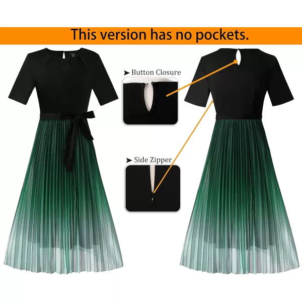 VFSHOW Womens Pleated Crew Neck Pockets Belted Work Business Office Casual ALine Midi MidCalf DressBlack  Green Ombre