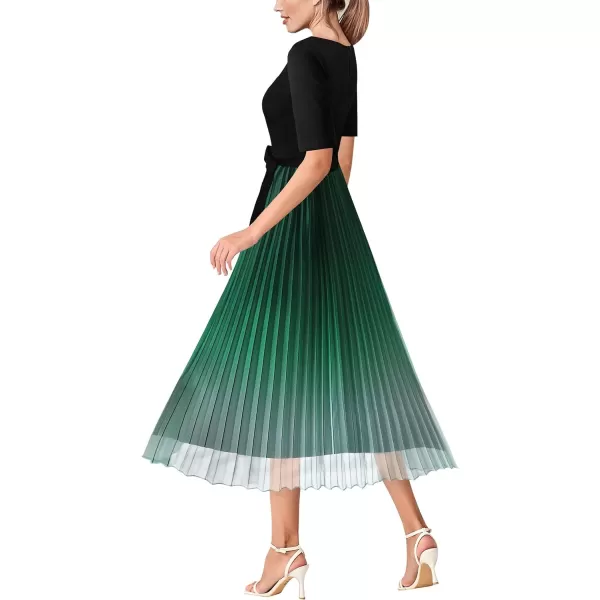 VFSHOW Womens Pleated Crew Neck Pockets Belted Work Business Office Casual ALine Midi MidCalf DressBlack  Green Ombre