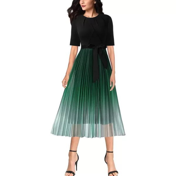 VFSHOW Womens Pleated Crew Neck Pockets Belted Work Business Office Casual ALine Midi MidCalf DressBlack  Green Ombre