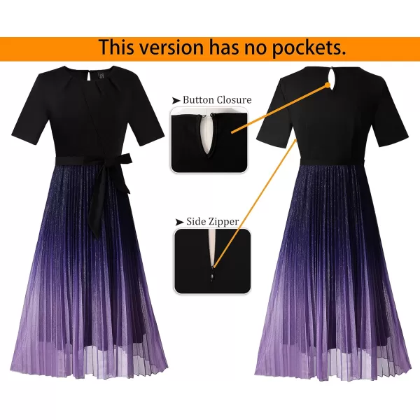 VFSHOW Womens Pleated Crew Neck Pockets Belted Work Business Office Casual ALine Midi MidCalf DressBlack  Purple Ombre2