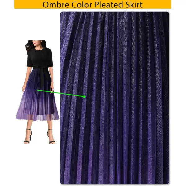 VFSHOW Womens Pleated Crew Neck Pockets Belted Work Business Office Casual ALine Midi MidCalf DressBlack  Purple Ombre2