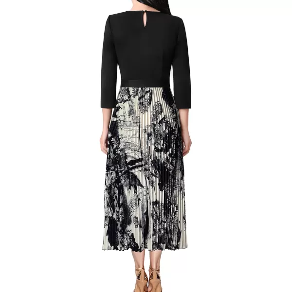 VFSHOW Womens Pleated Crew Neck Pockets Belted Work Business Office Casual ALine Midi MidCalf DressBlack and Graphic Print