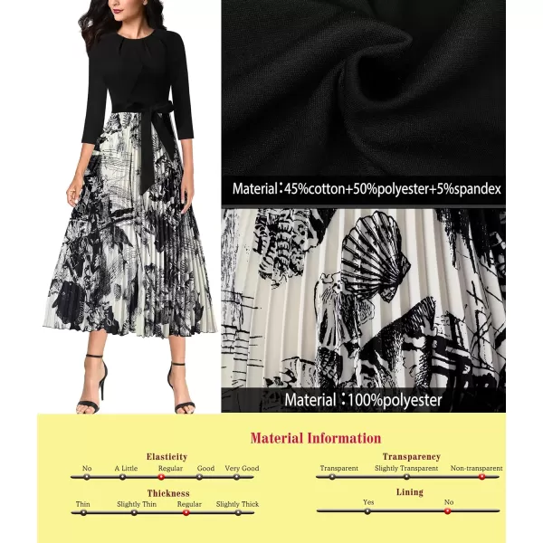 VFSHOW Womens Pleated Crew Neck Pockets Belted Work Business Office Casual ALine Midi MidCalf DressBlack and Graphic Print