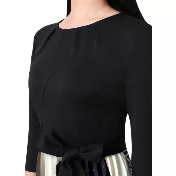 VFSHOW Womens Pleated Crew Neck Pockets Belted Work Business Office Casual ALine Midi MidCalf DressBlack and Graphic Print