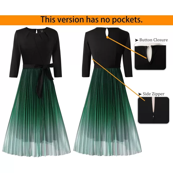 VFSHOW Womens Pleated Crew Neck Pockets Belted Work Business Office Casual ALine Midi MidCalf DressBlack and Green Gradient2