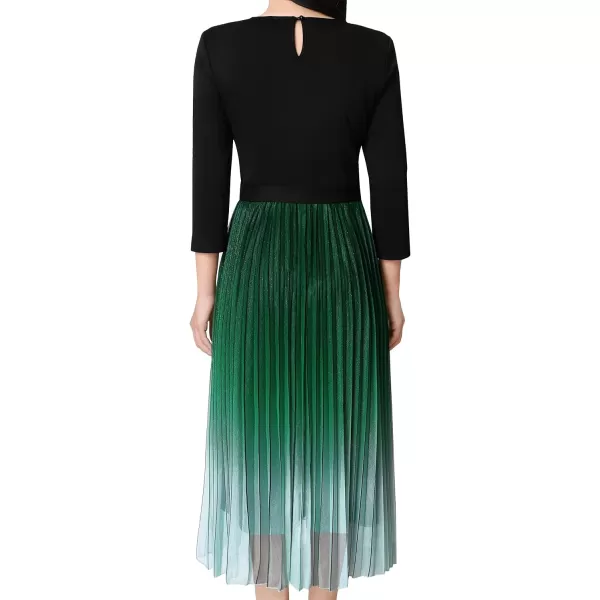 VFSHOW Womens Pleated Crew Neck Pockets Belted Work Business Office Casual ALine Midi MidCalf DressBlack and Green Gradient2