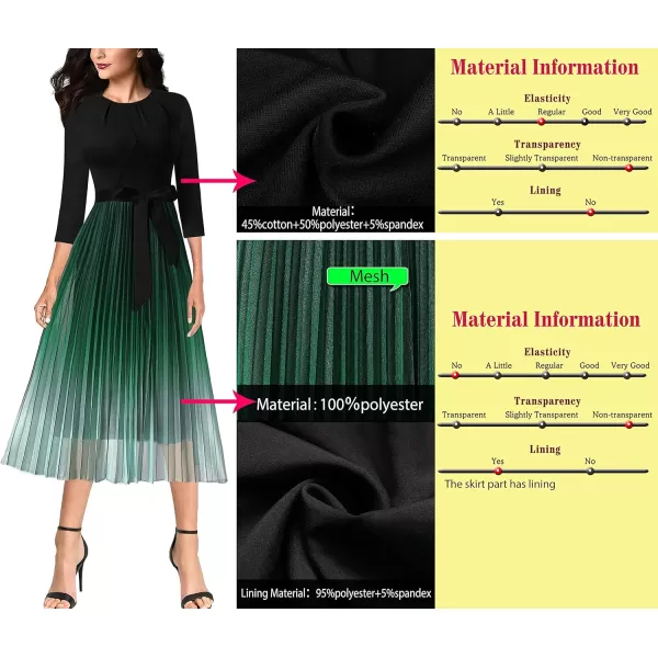 VFSHOW Womens Pleated Crew Neck Pockets Belted Work Business Office Casual ALine Midi MidCalf DressBlack and Green Gradient2