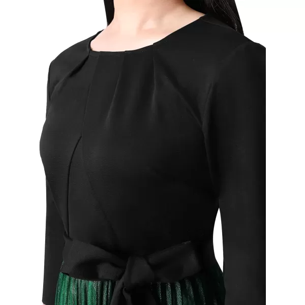 VFSHOW Womens Pleated Crew Neck Pockets Belted Work Business Office Casual ALine Midi MidCalf DressBlack and Green Gradient2