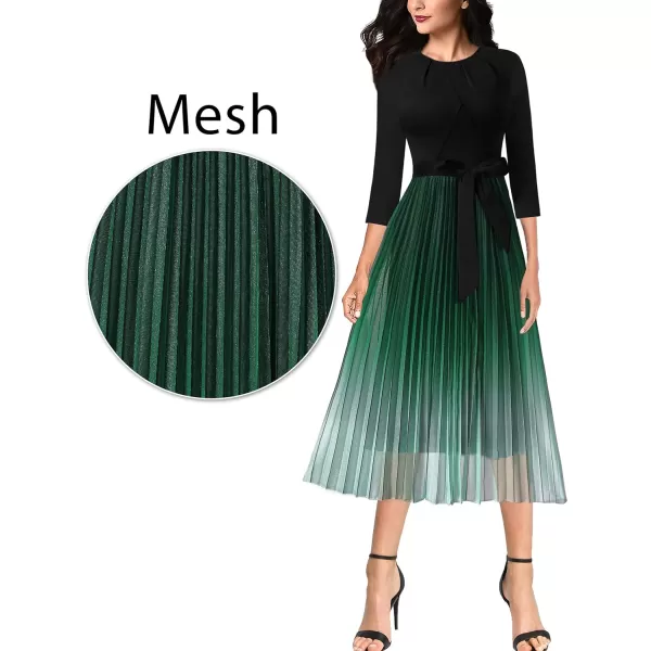 VFSHOW Womens Pleated Crew Neck Pockets Belted Work Business Office Casual ALine Midi MidCalf DressBlack and Green Gradient2