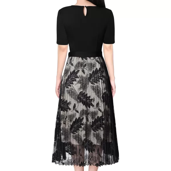 VFSHOW Womens Pleated Crew Neck Pockets Belted Work Business Office Casual ALine Midi MidCalf DressBlack and Leaves Lace2