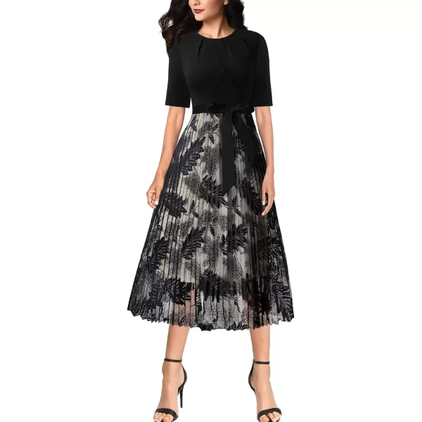 VFSHOW Womens Pleated Crew Neck Pockets Belted Work Business Office Casual ALine Midi MidCalf DressBlack and Leaves Lace2