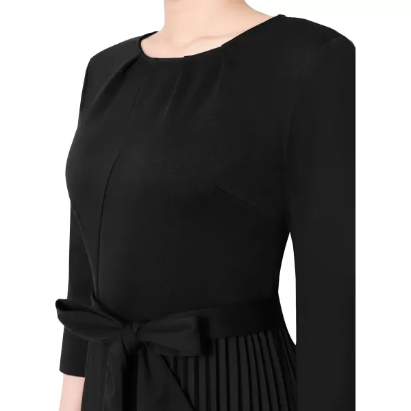 VFSHOW Womens Pleated Crew Neck Pockets Belted Work Business Office Casual ALine Midi MidCalf DressBlack and Tree Print