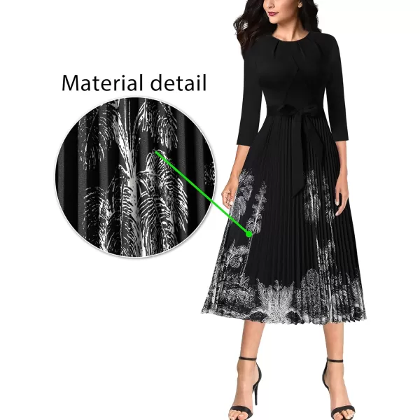 VFSHOW Womens Pleated Crew Neck Pockets Belted Work Business Office Casual ALine Midi MidCalf DressBlack and Tree Print