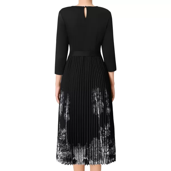 VFSHOW Womens Pleated Crew Neck Pockets Belted Work Business Office Casual ALine Midi MidCalf DressBlack and Tree Print