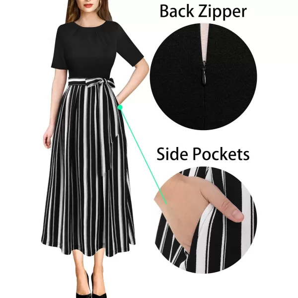 VFSHOW Womens Pleated Crew Neck Pockets Belted Work Business Office Casual ALine Midi MidCalf DressBlack and White Striped