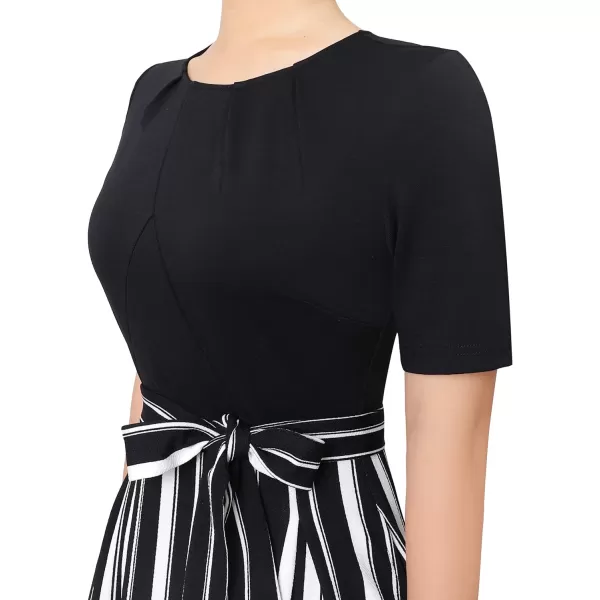 VFSHOW Womens Pleated Crew Neck Pockets Belted Work Business Office Casual ALine Midi MidCalf DressBlack and White Striped