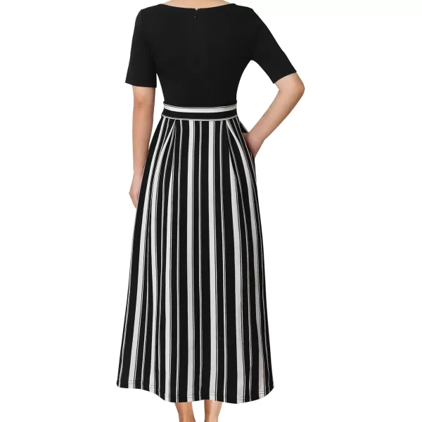 VFSHOW Womens Pleated Crew Neck Pockets Belted Work Business Office Casual ALine Midi MidCalf DressBlack and White Striped