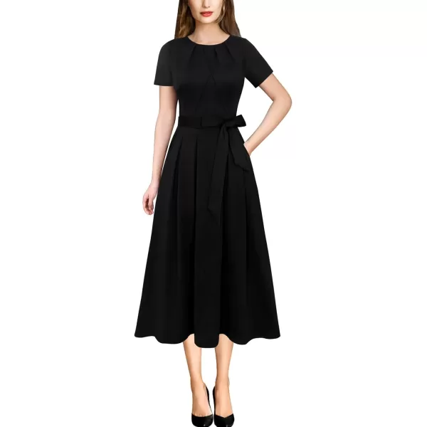 VFSHOW Womens Pleated Crew Neck Pockets Belted Work Business Office Casual ALine Midi MidCalf DressBlackshort Sleeve2