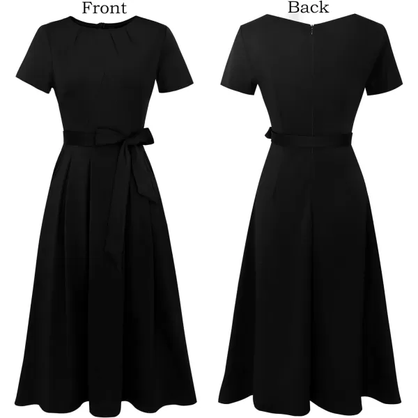 VFSHOW Womens Pleated Crew Neck Pockets Belted Work Business Office Casual ALine Midi MidCalf DressBlackshort Sleeve2