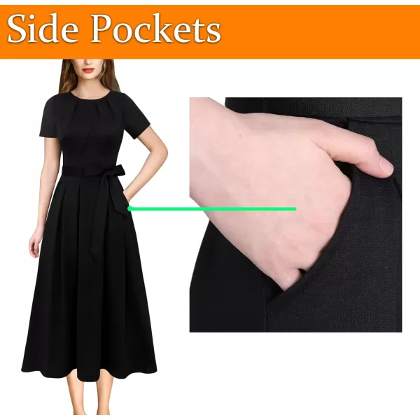 VFSHOW Womens Pleated Crew Neck Pockets Belted Work Business Office Casual ALine Midi MidCalf DressBlackshort Sleeve2