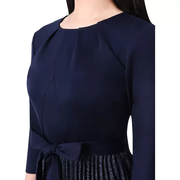 VFSHOW Womens Pleated Crew Neck Pockets Belted Work Business Office Casual ALine Midi MidCalf DressDark Blue Ombre